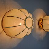 Pair of regency wall lights, pine and stretched canvas, italy, 1970