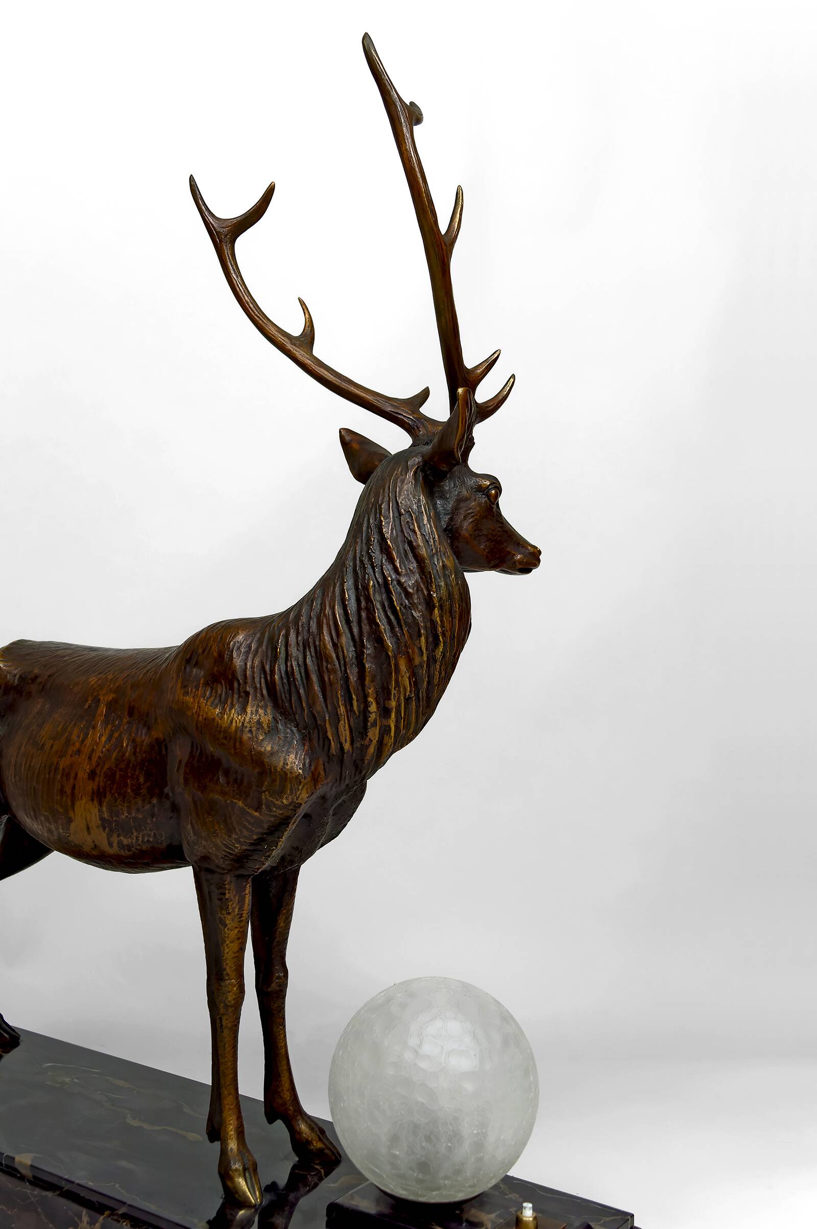 Important Bronze and Marble Sculptural Lamp, Deer, Art Deco, France