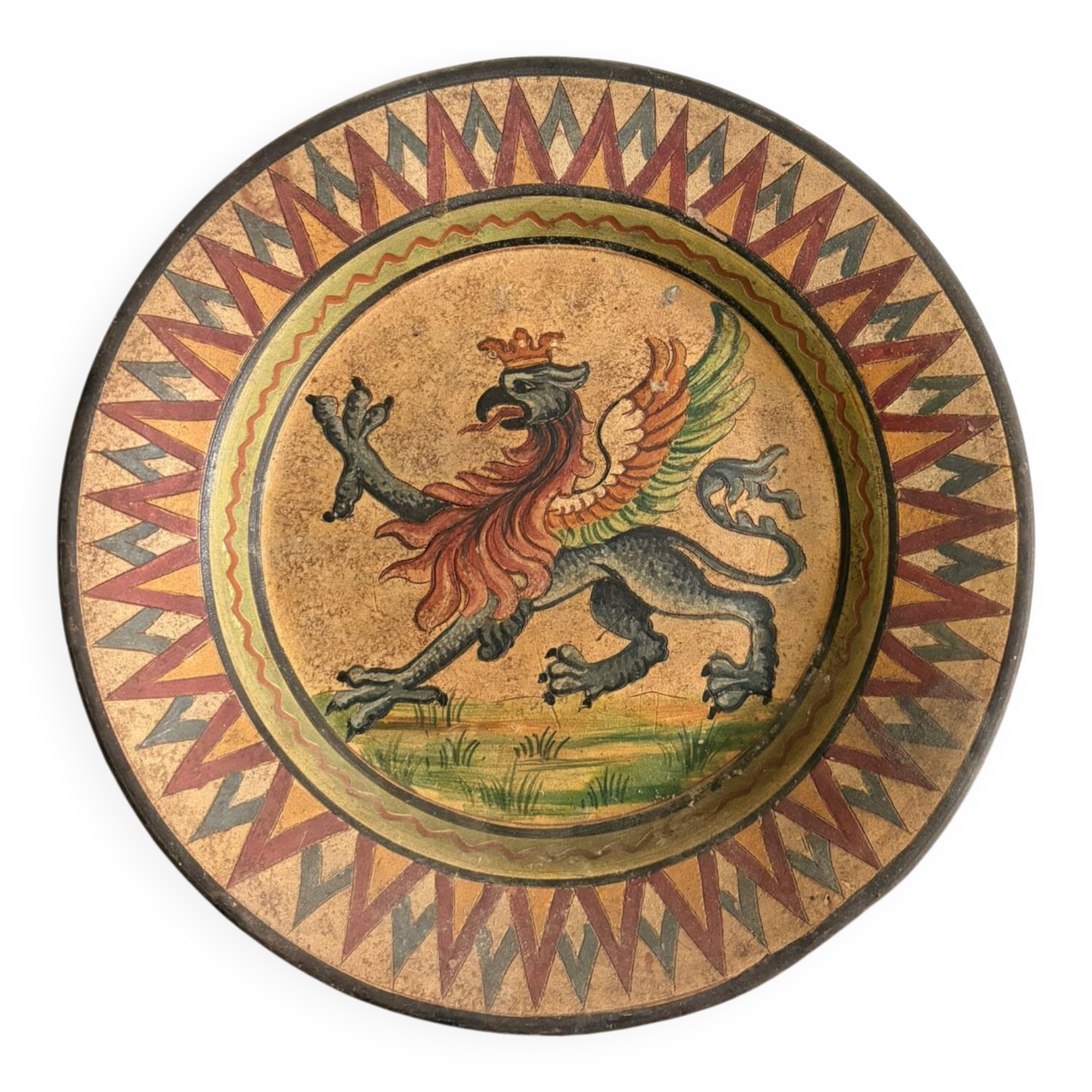 Mural Plate Montopoli Arno Italy 1930 Crowned Griffin Tuscan Majolica