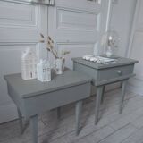 Duo of bedside tables, vintage mismatched verdigris end tables.