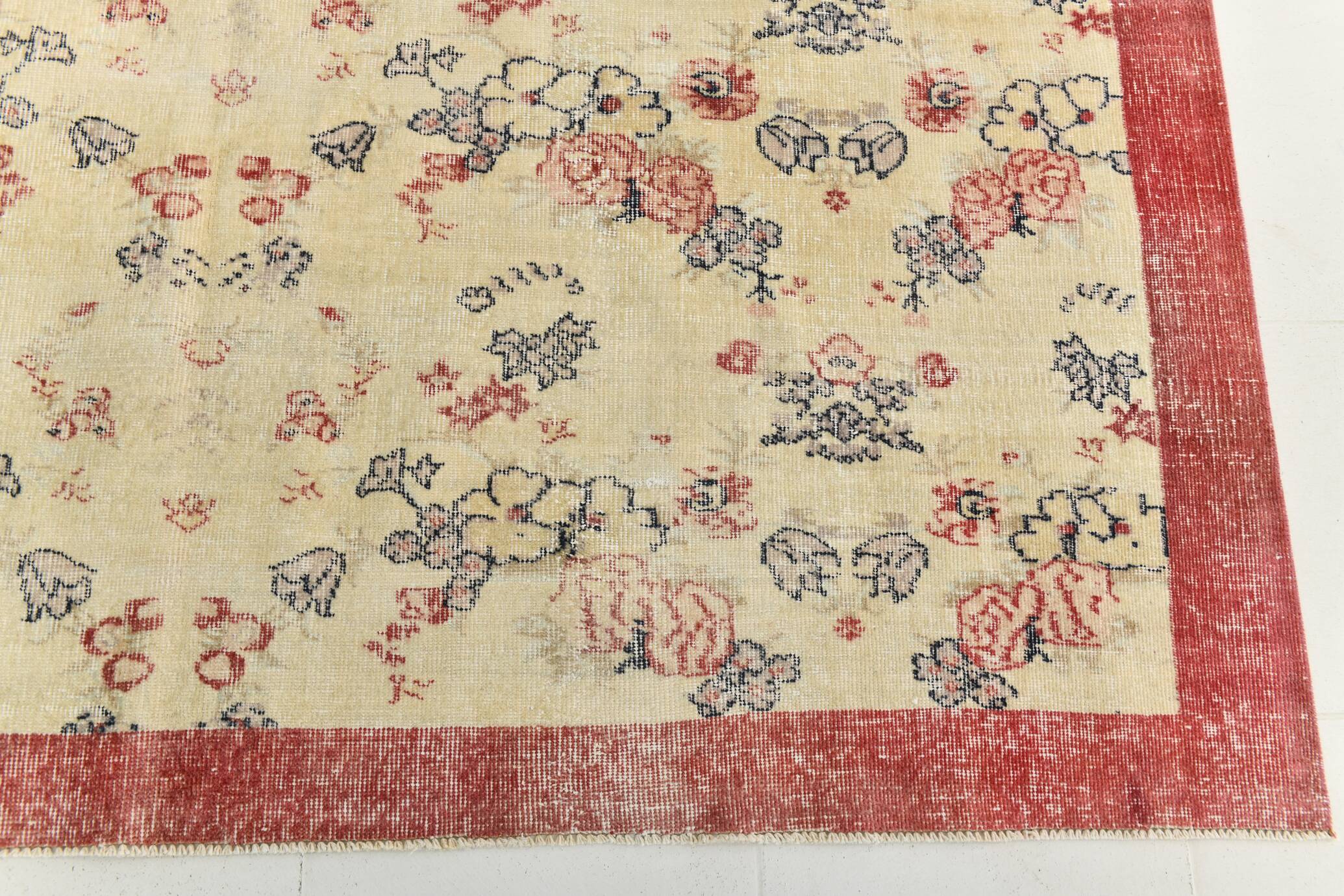 7x9 Yellow & Burgundy Floral Turkish Vintage Rug, 216x281Cm