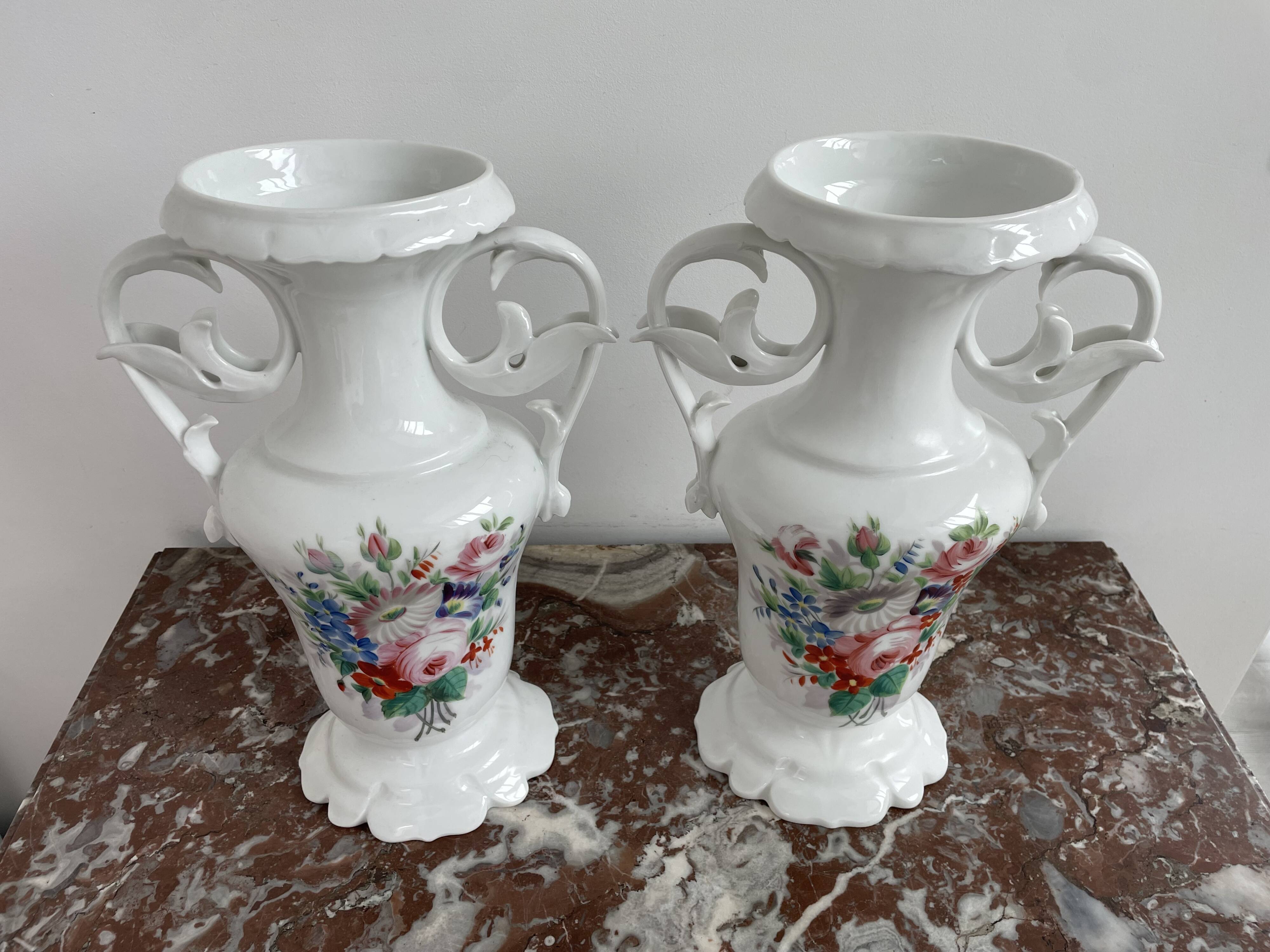 Pair of large 19th century church vases in painted white Paris porcelain