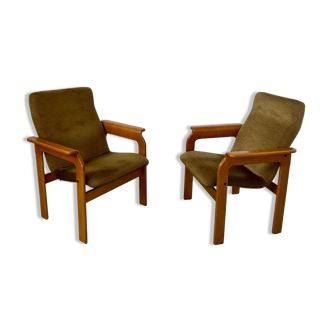 Lot de 2 fauteuils bridge des années 70 design Bruno Rey vintage hêtre massif