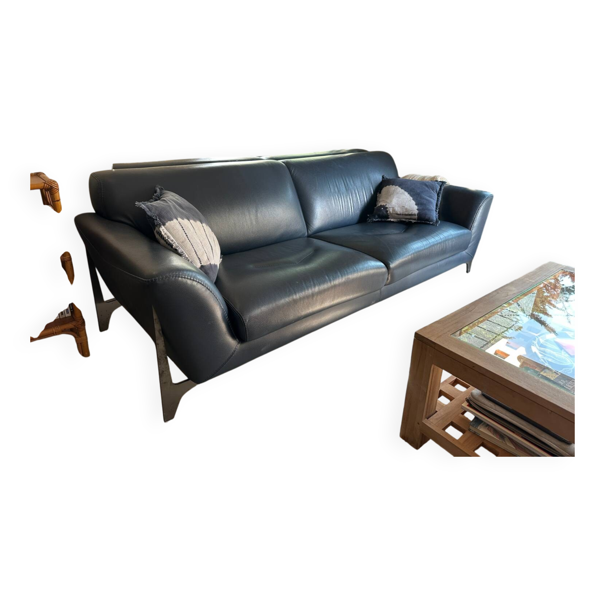 3-seater navy blue leather sofa Ligne Roset model Réflexion