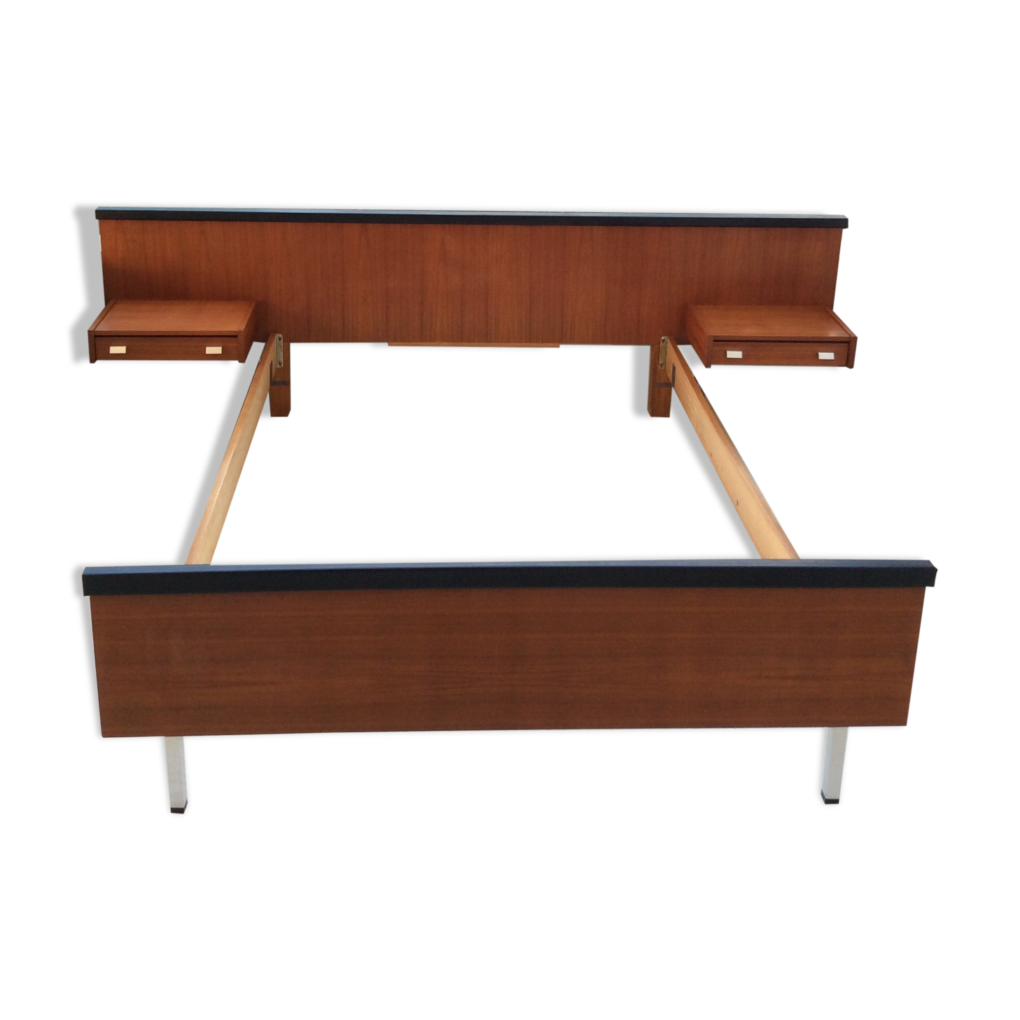 Scandinavian-style teak bed with integrated nightstands