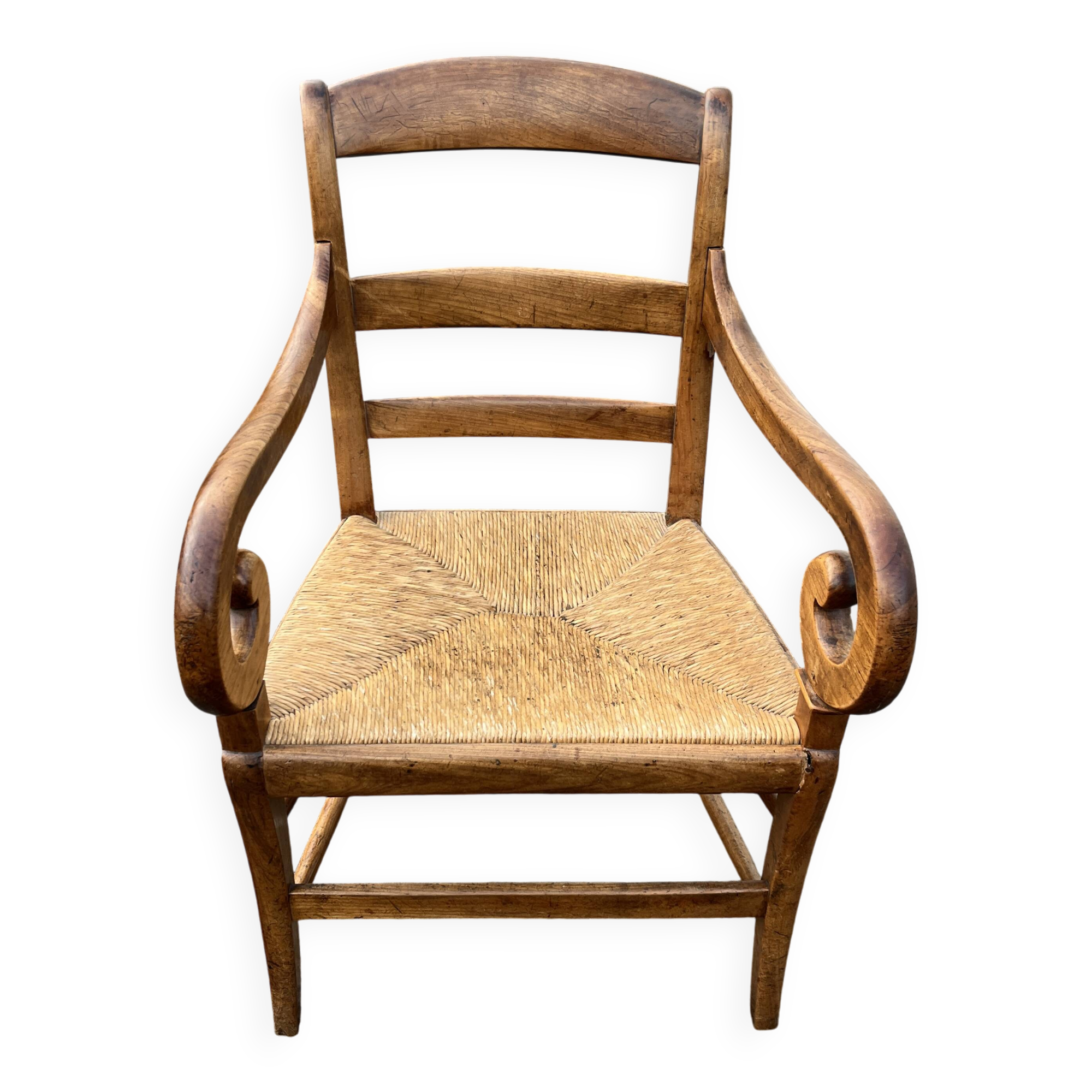Louis Philippe country armchair in solid wood and straw, hooked armrests