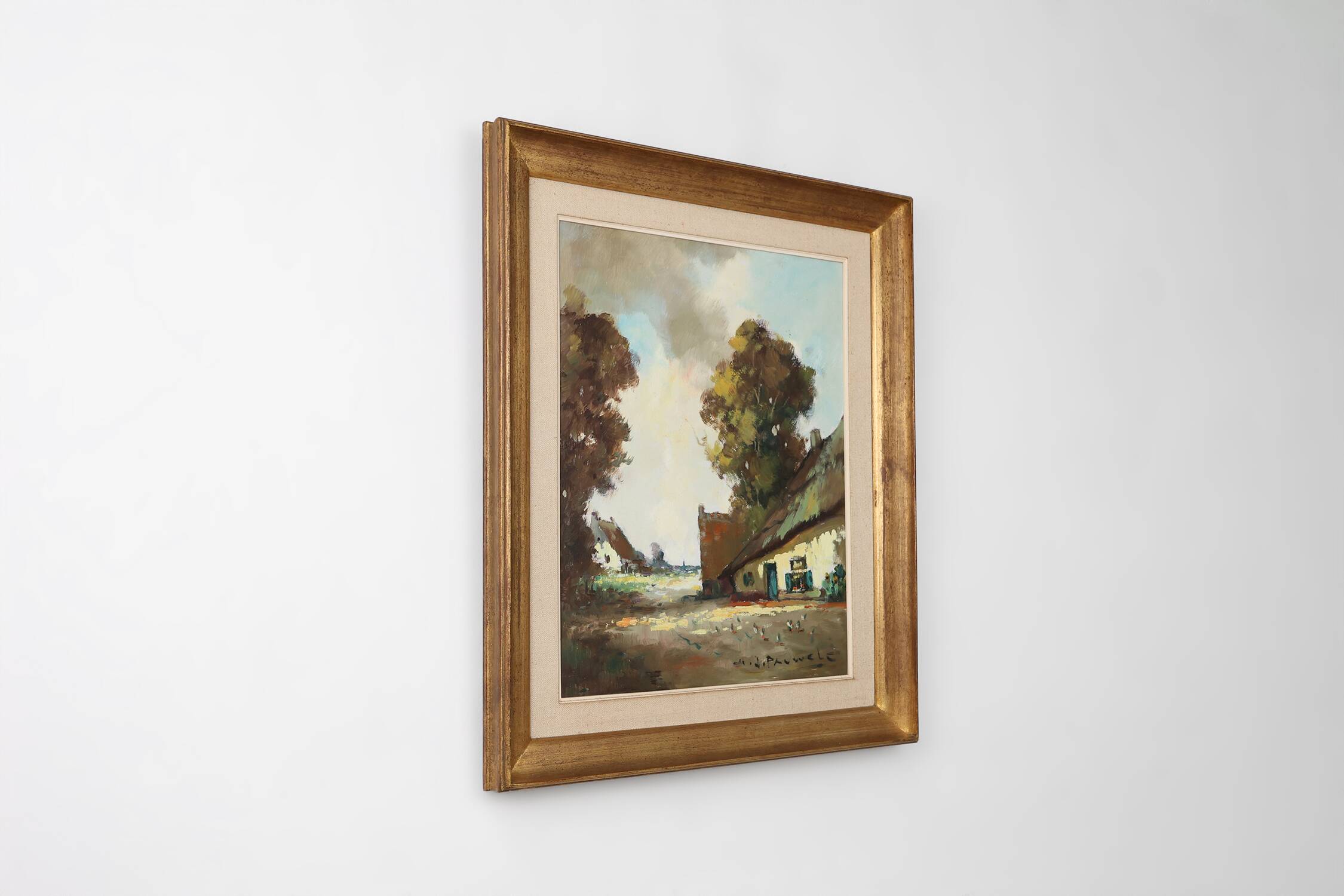 20th Century Belgian Painting of a farm scene with gilded wooden frame