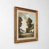 20th Century Belgian Painting of a farm scene with gilded wooden frame