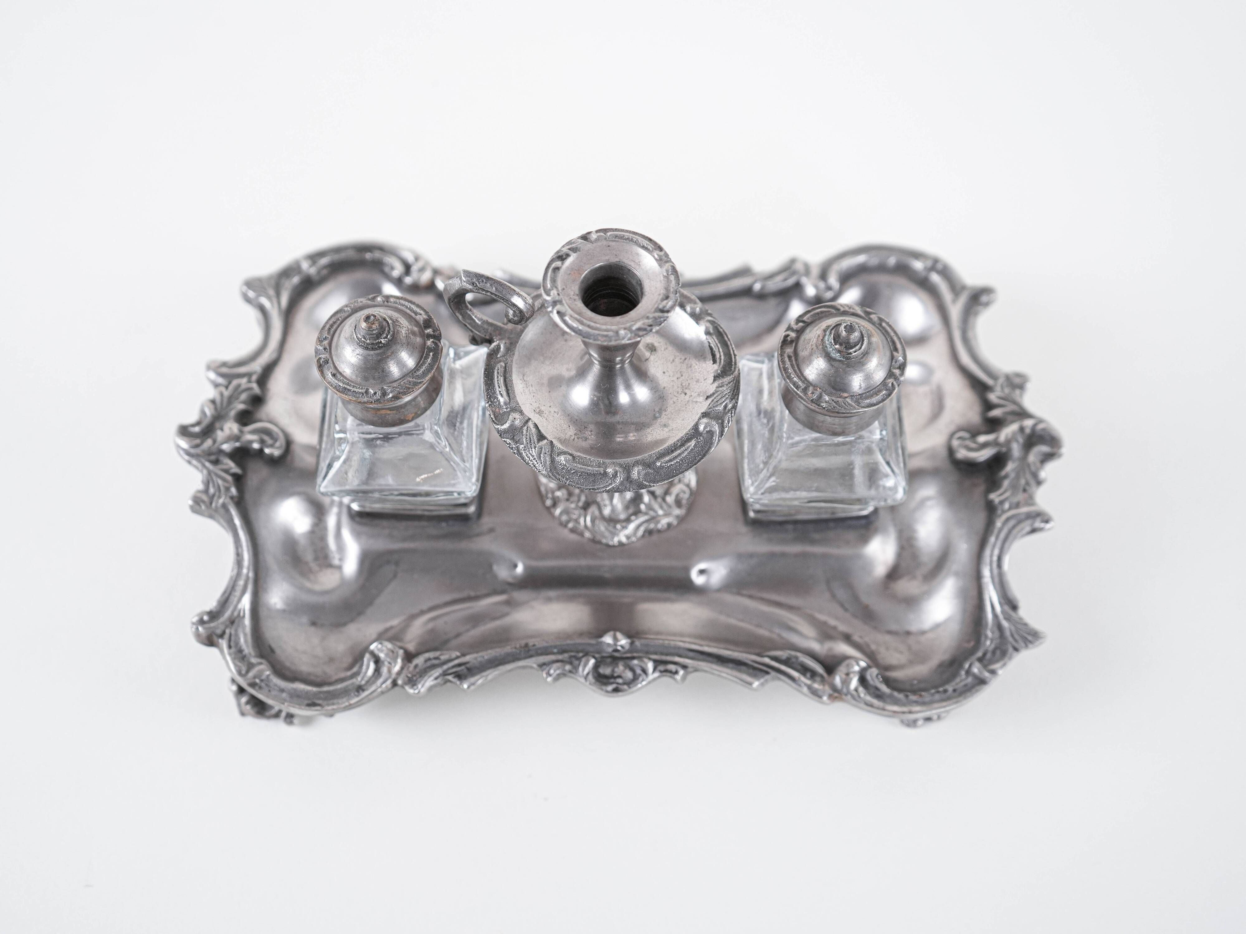 Decorative Art Deco table set – metal tray with glass flacons, European craftsmanship