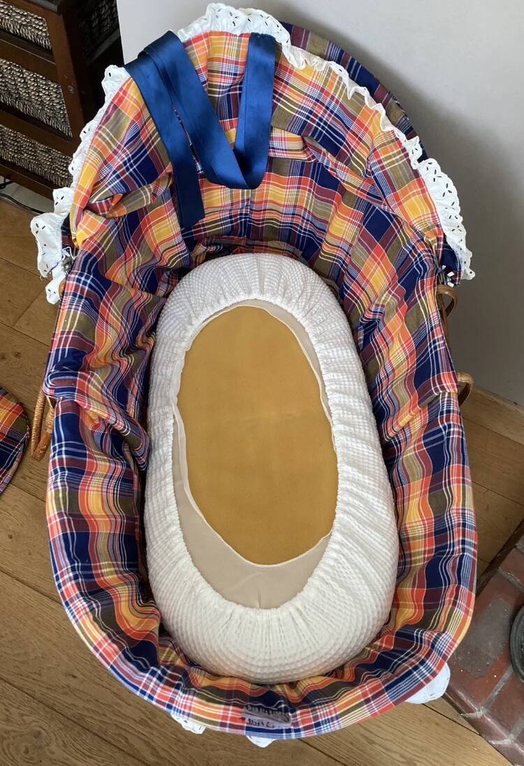 1970s wicker rattan portable bassinet cradle complete with bedding