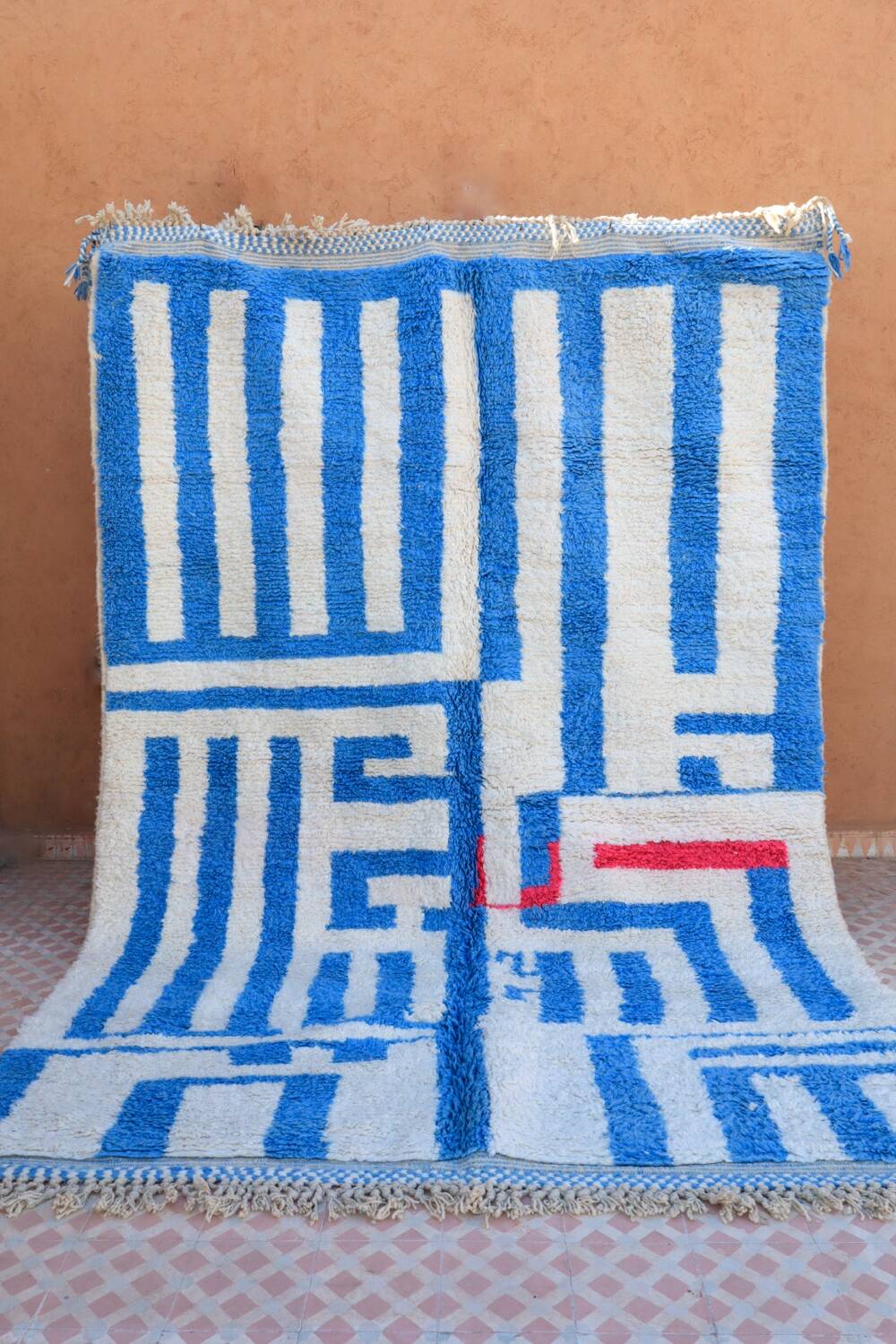 Moroccan Berber blessed ouarain rug modern blue and white