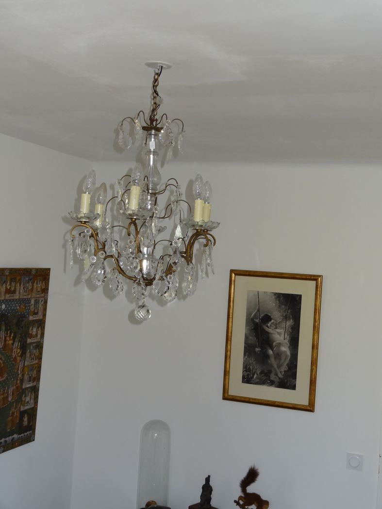 Bronze and crystal chandelier with six arms of light