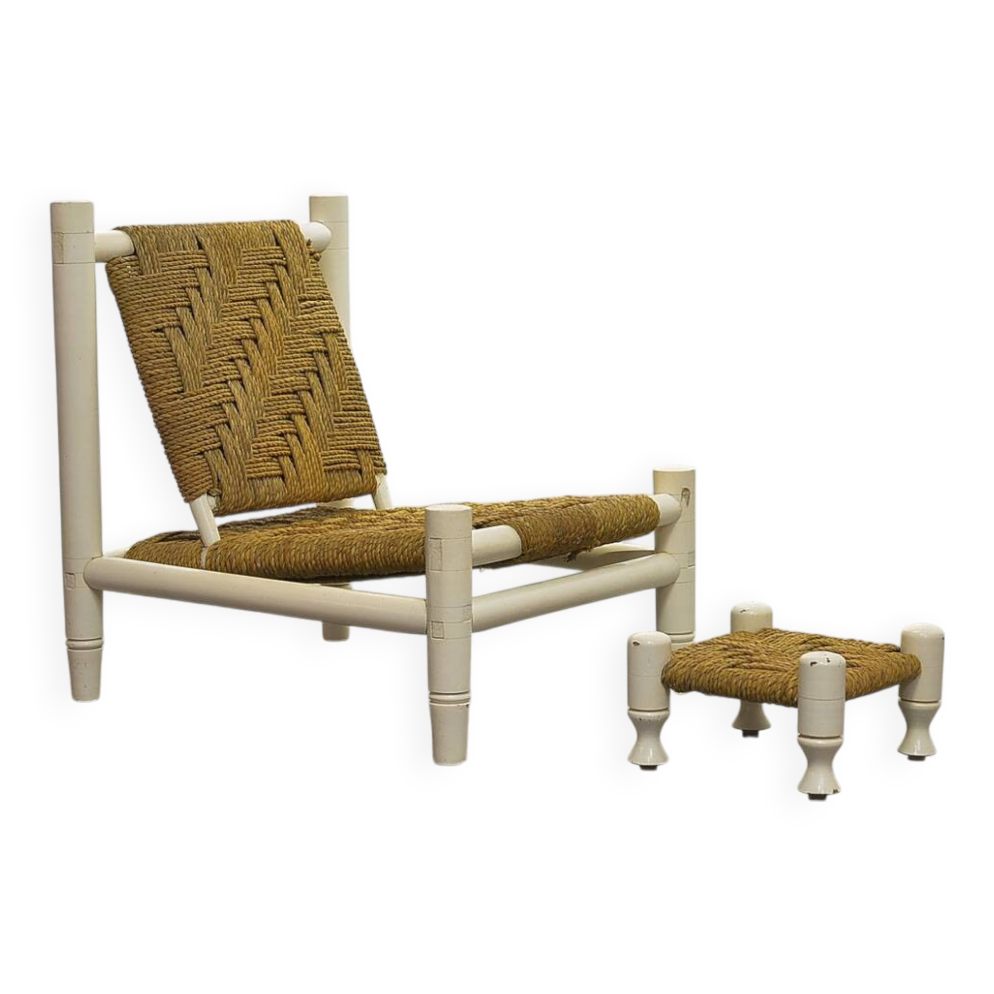 Charlotte Perriand Style Low Seat White Wicker Oak Lounge Chair and Stool