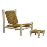 Charlotte Perriand Style Low Seat White Wicker Oak Lounge Chair and Stool