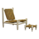 Charlotte Perriand Style Low Seat White Wicker Oak Lounge Chair and Stool