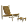Charlotte Perriand Style Low Seat White Wicker Oak Lounge Chair and Stool