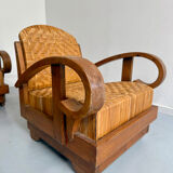 Set of 4 woven rattan armchairs, colonial style, 1950s
