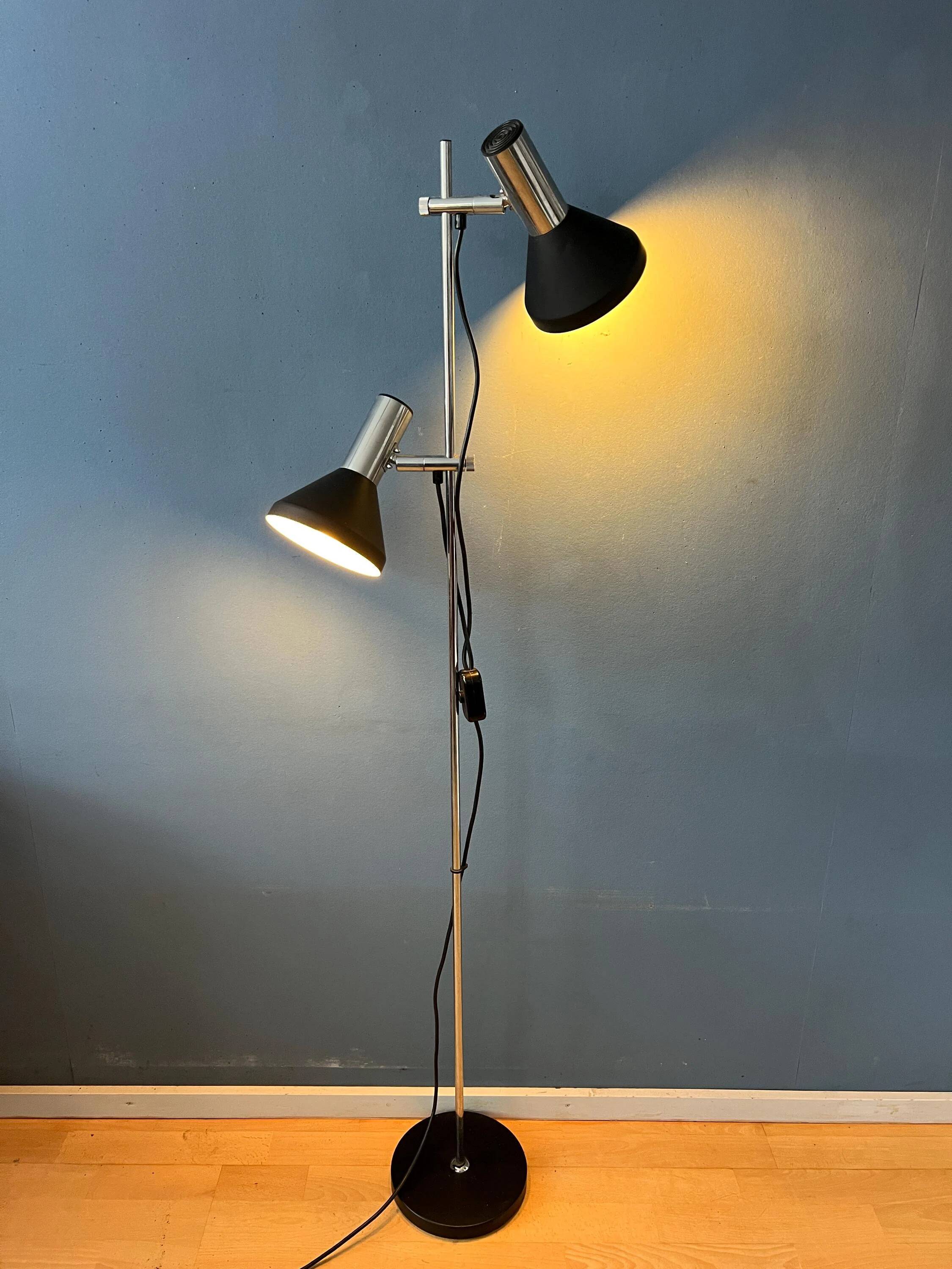 Mid-century black vintage floor lamp with two aluminium spots.