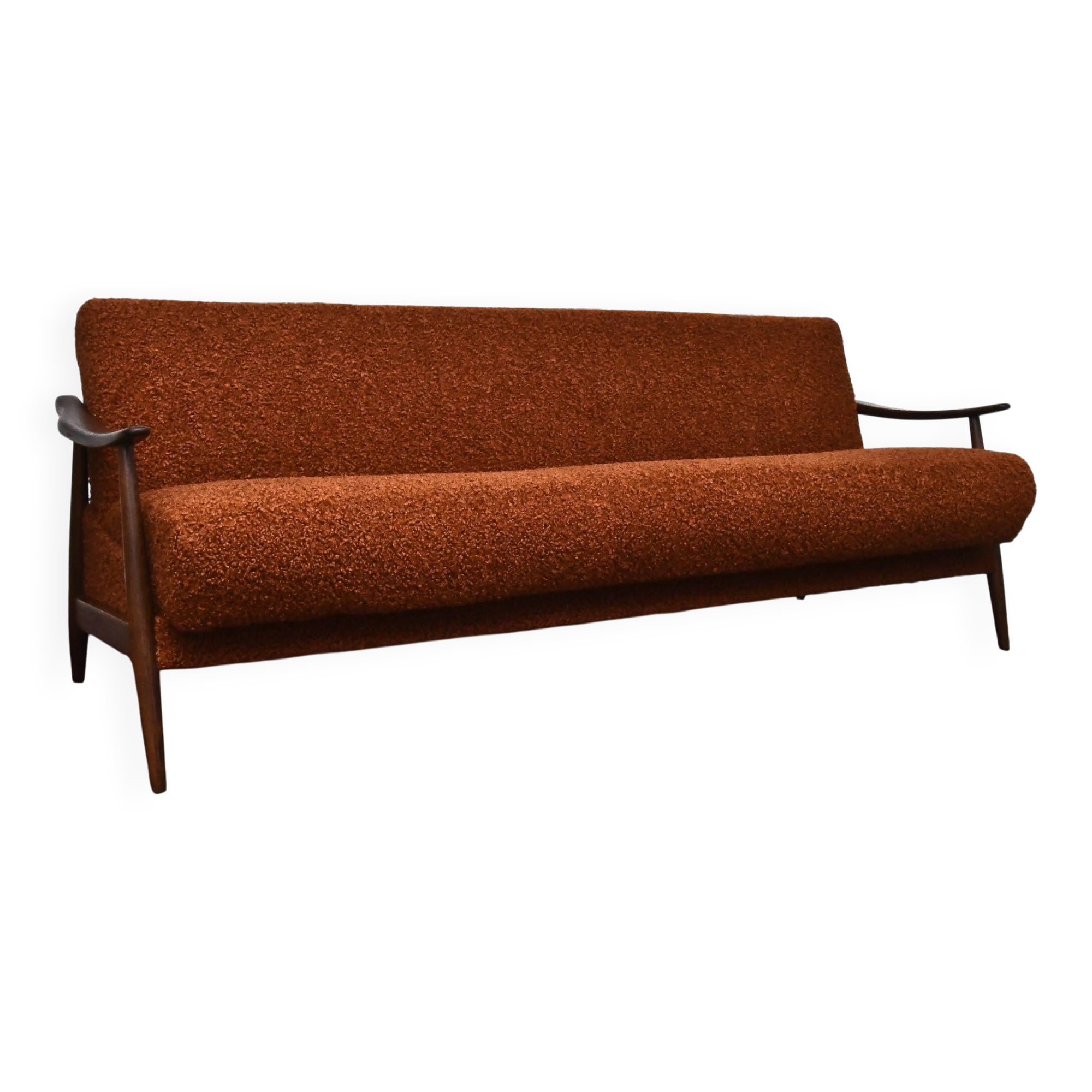 Scandinavian-style folding sofa in brown boucle fabric, 1960s