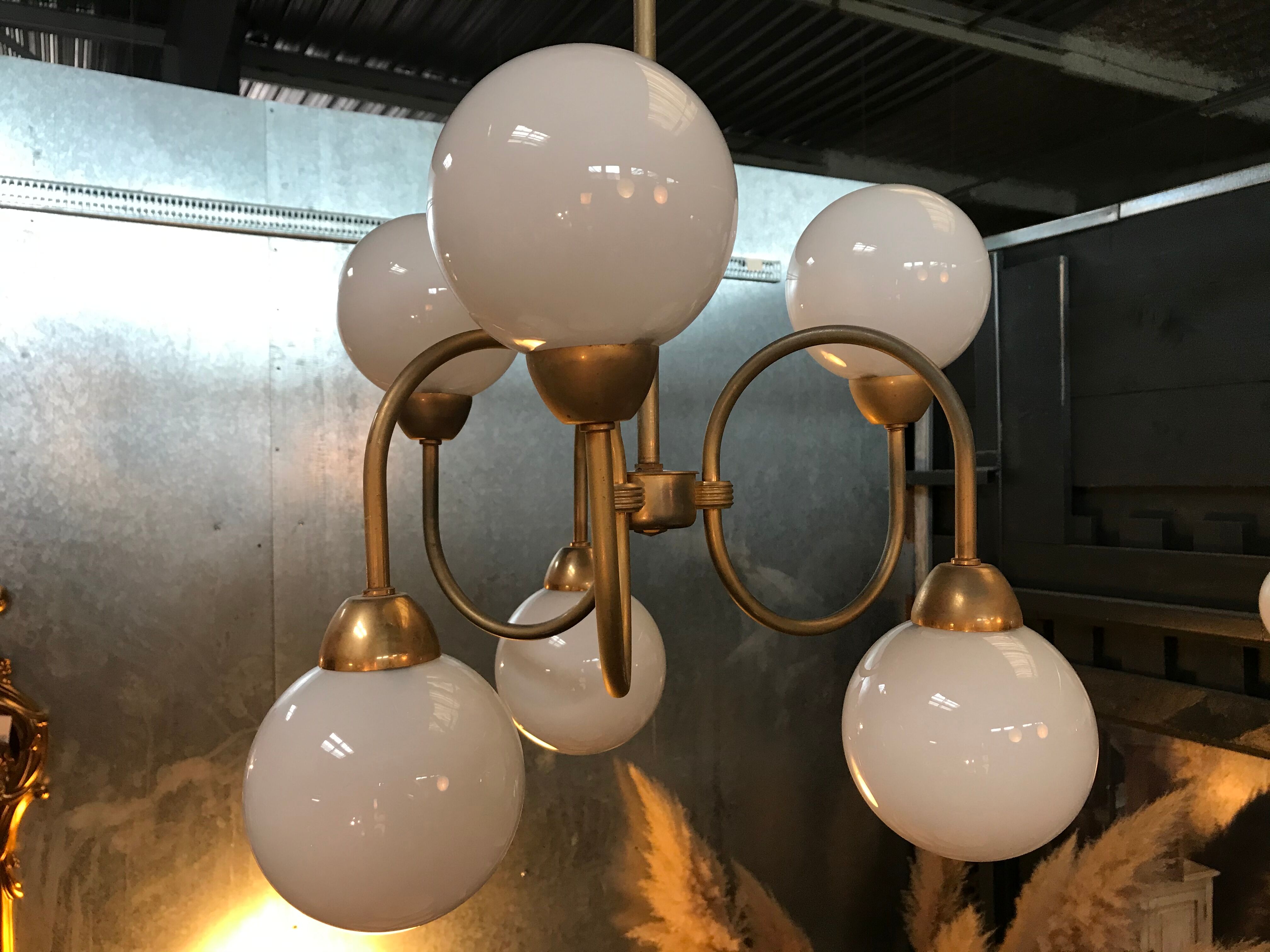 Pair of brass and opaline hanging lamps