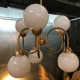 Pair of brass and opaline hanging lamps