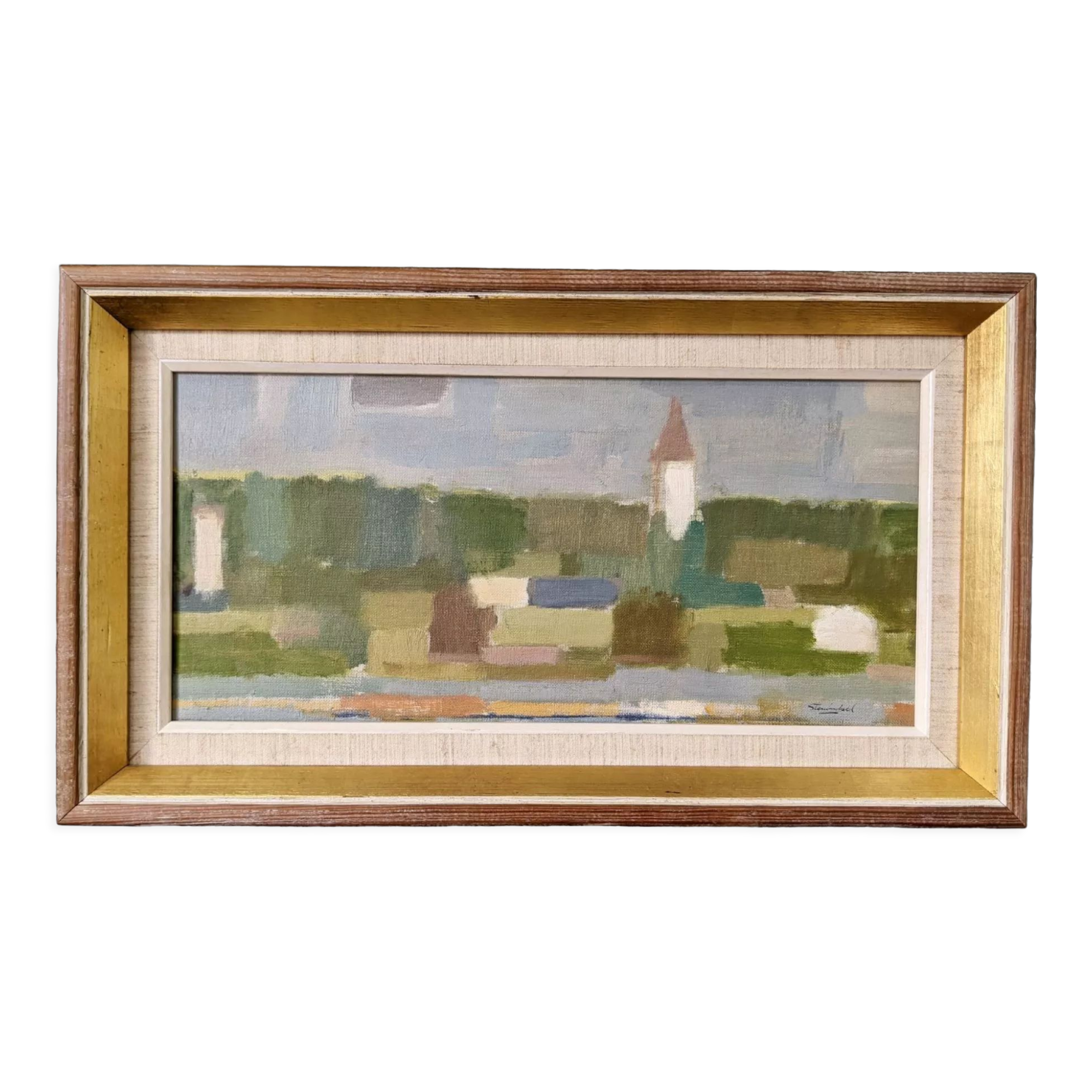 Mid-Century Modern Swedish "Houses by Nature" Vintage Landscape Oil Painting, Framed