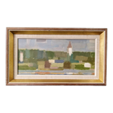 Mid-Century Modern Swedish "Houses by Nature" Vintage Landscape Oil Painting, Framed