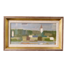 Mid-Century Modern Swedish "Houses by Nature" Vintage Landscape Oil Painting, Framed