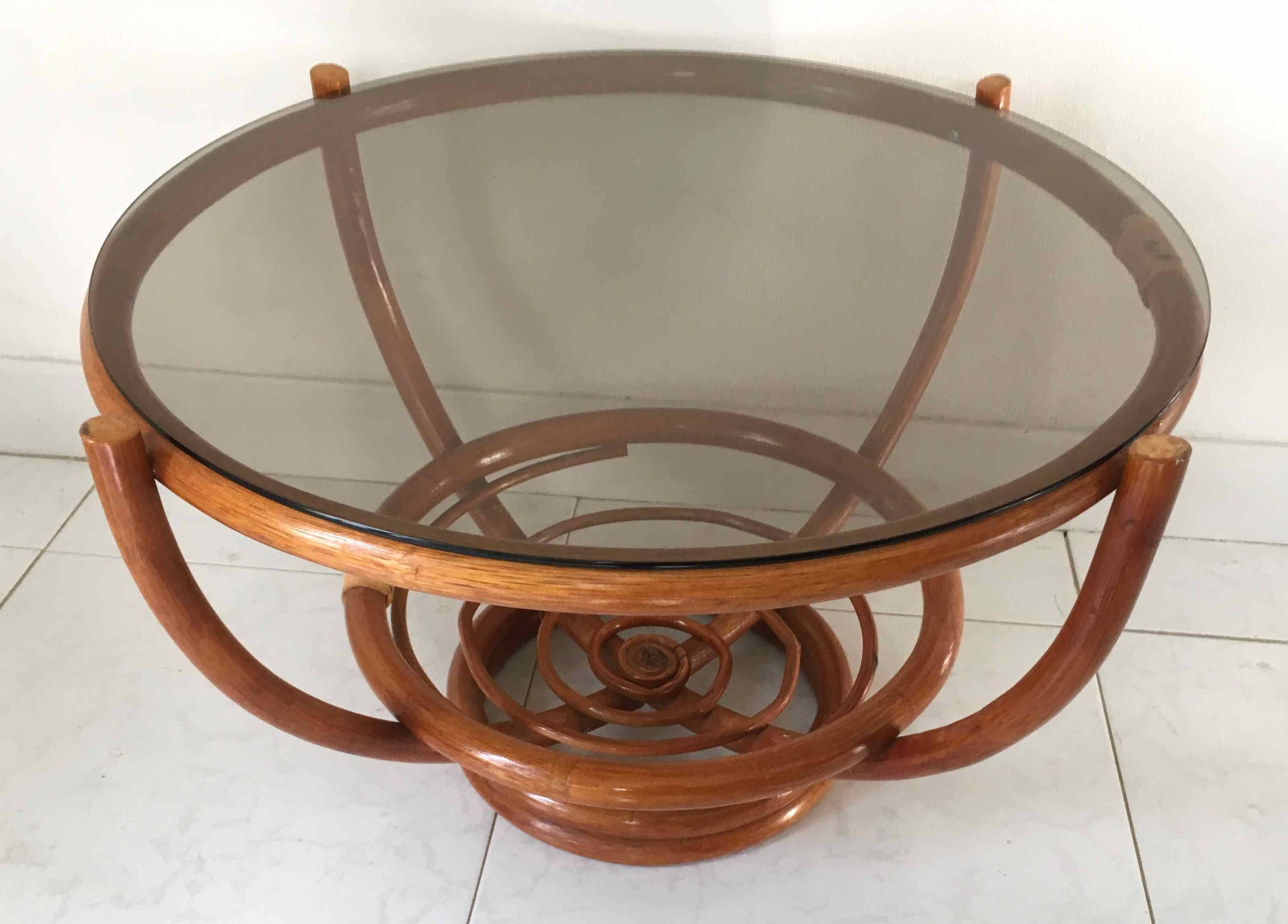 Rattan and smoked glass coffee table 1970