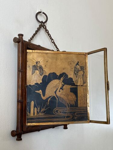 Miroir de barbier Japon triptyque Époque Napoléon III, cadre en bois bambou à décor d’oiseaux XIXe