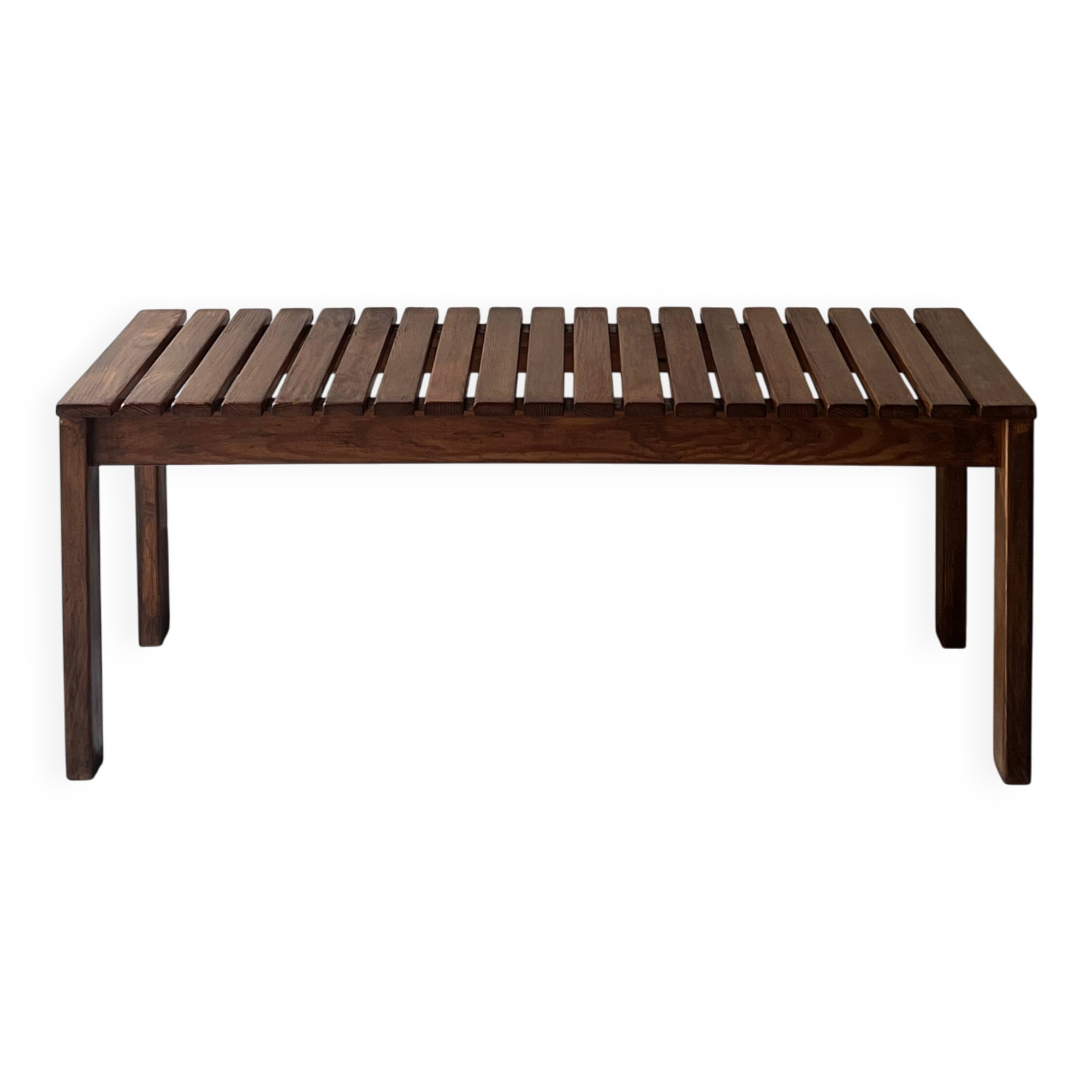 Bench / modernist coffee table made of wooden slats, 1970s design.