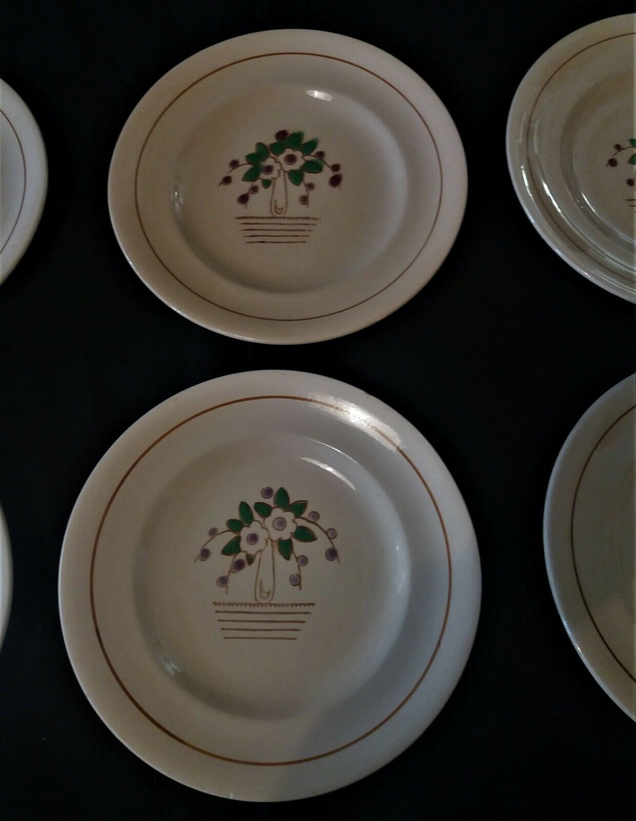 Série de six assiettes plates Longwy années 50 fleurs de cerisier