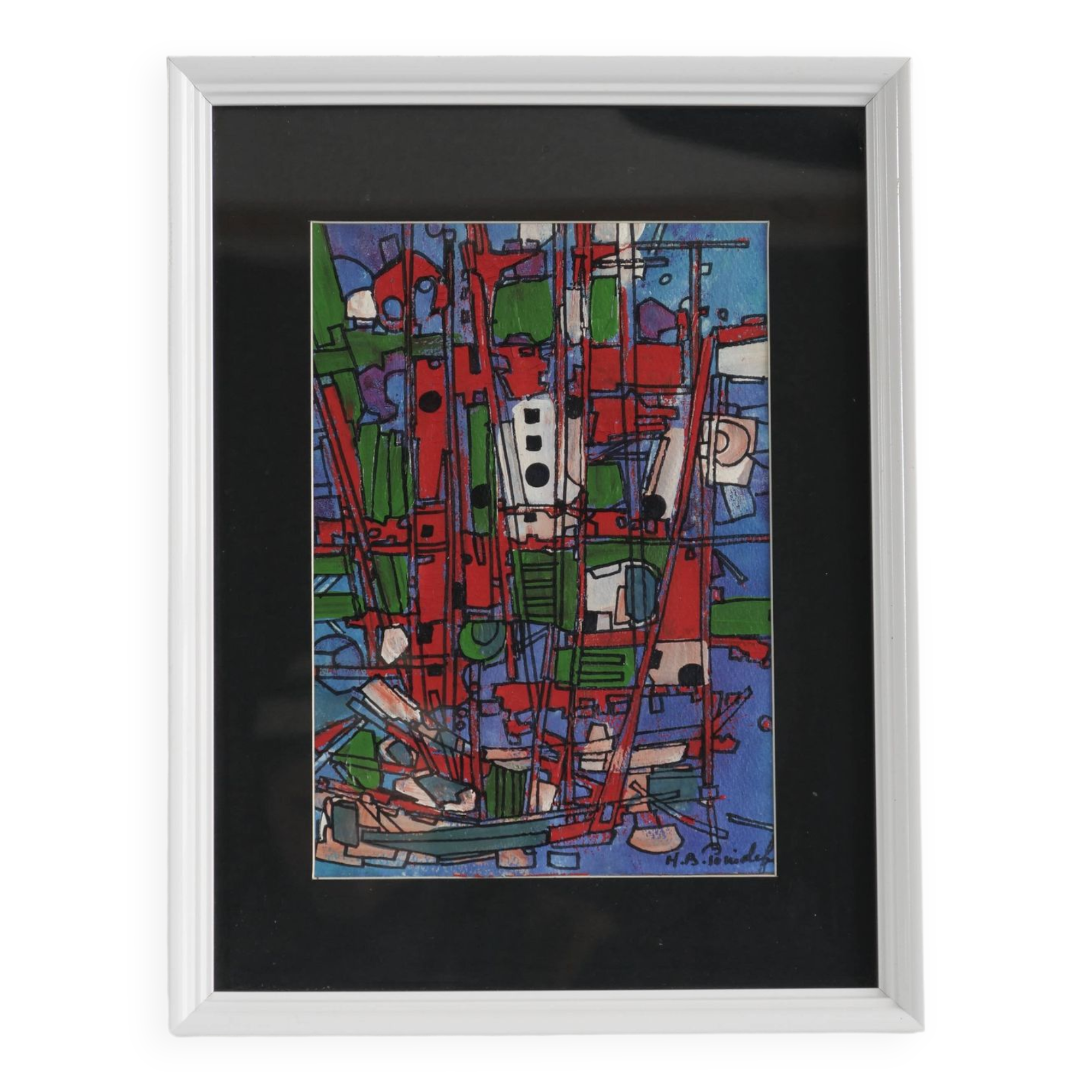 framed painting "red boats" signed
