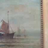 Tableau xix marine hst signed moreno, sailing boats fishermen, frame painting oil canvas