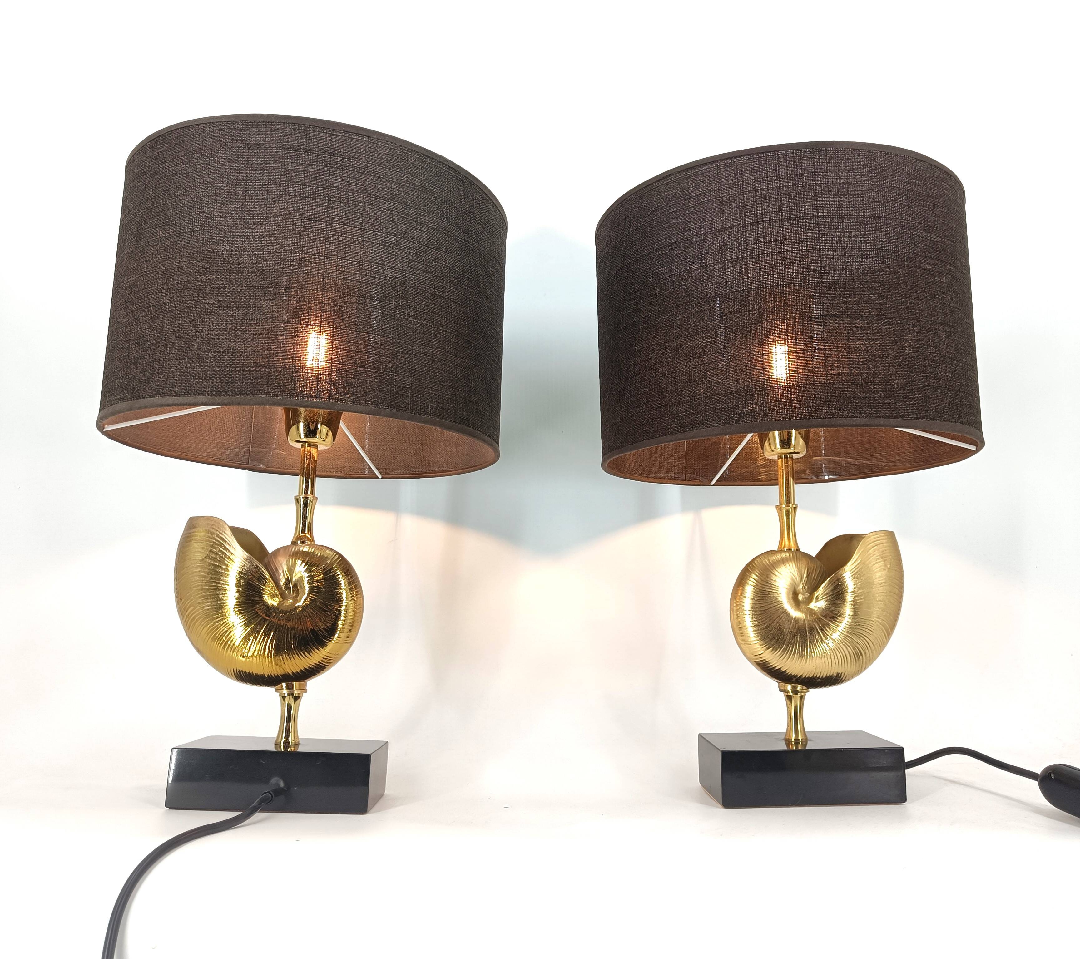 Vintage Brass Nautilus Shell Table Lamps 1970's - France  - set of 2