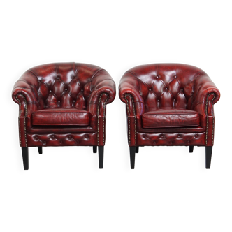 Set of 2 English Cowhide Leather Chesterfield Club Chairs in a Red Color