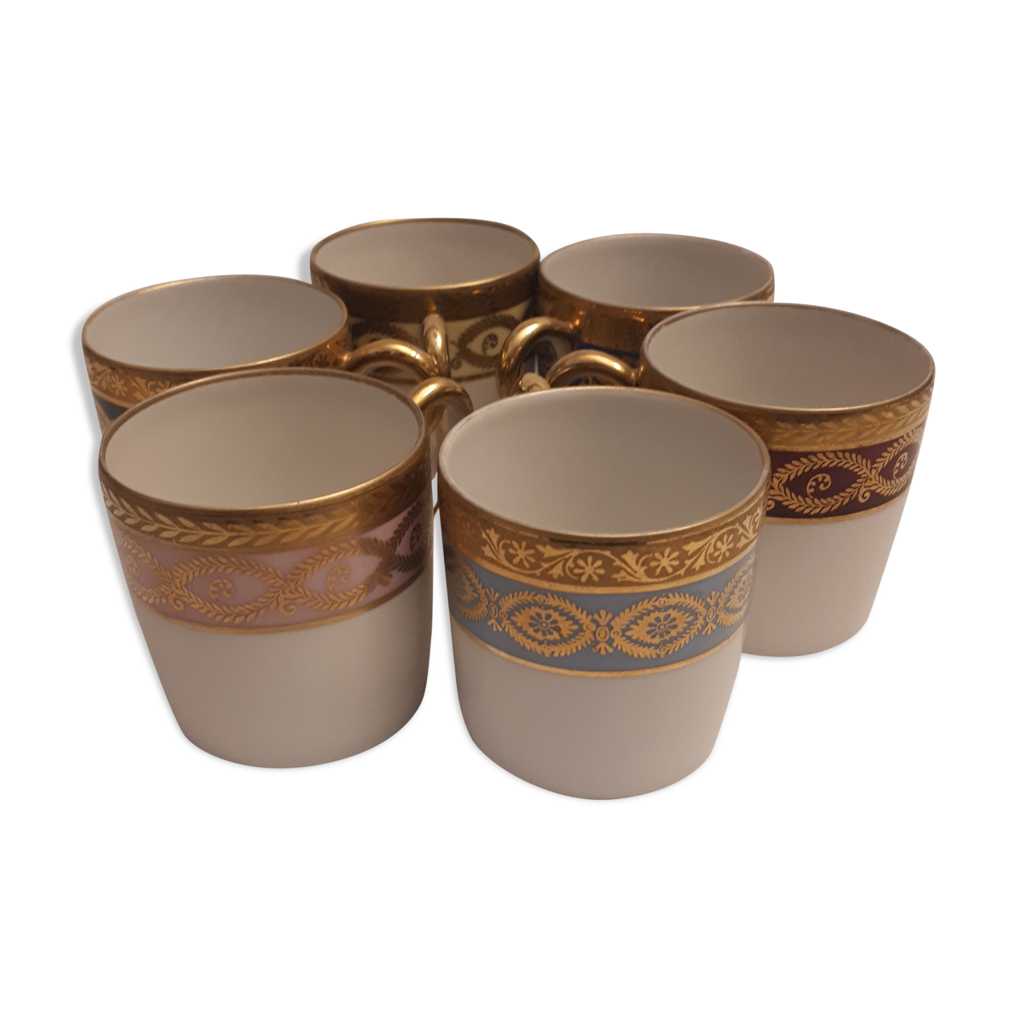 6 cups porcelain coffee limoges Empire style gold frieze
