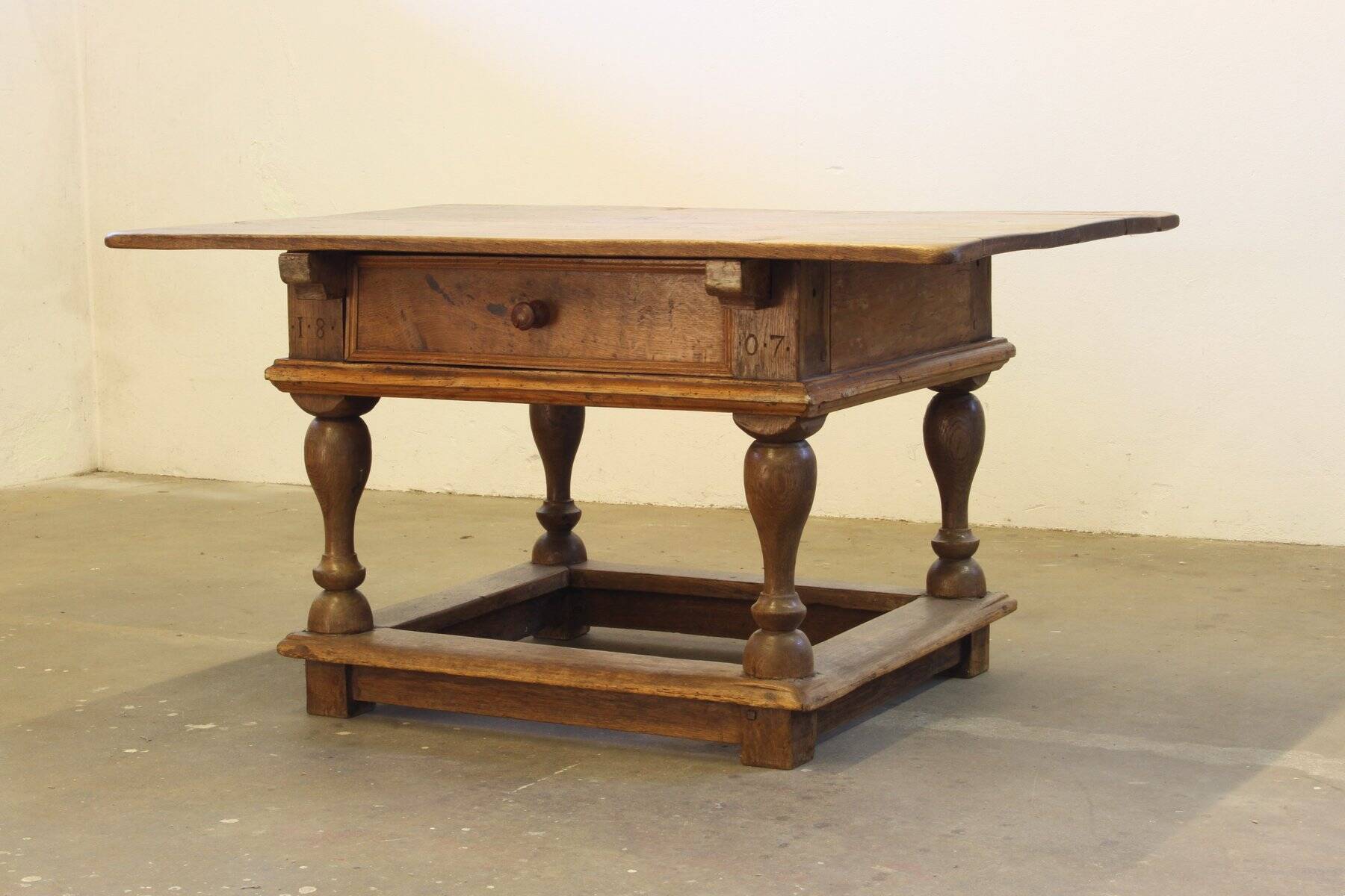 Antique Nordic Baroque Oak Table, Dated 1807