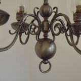 French Vintage Pewter 4 Light Flemish Chandelier Hand Blown Lantern Shades 5104