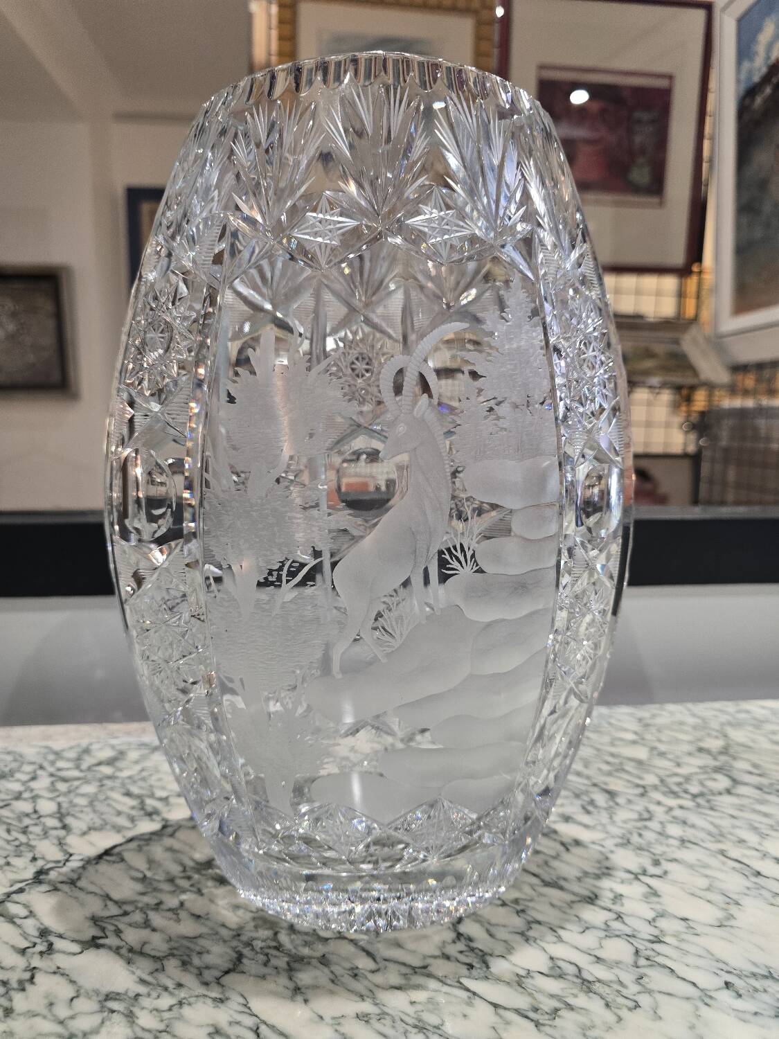 Cut crystal vase - ibex decoration, 20th century