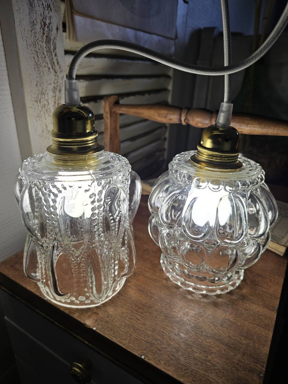 Suspension double globes antique blown glass moulded type Tynell
