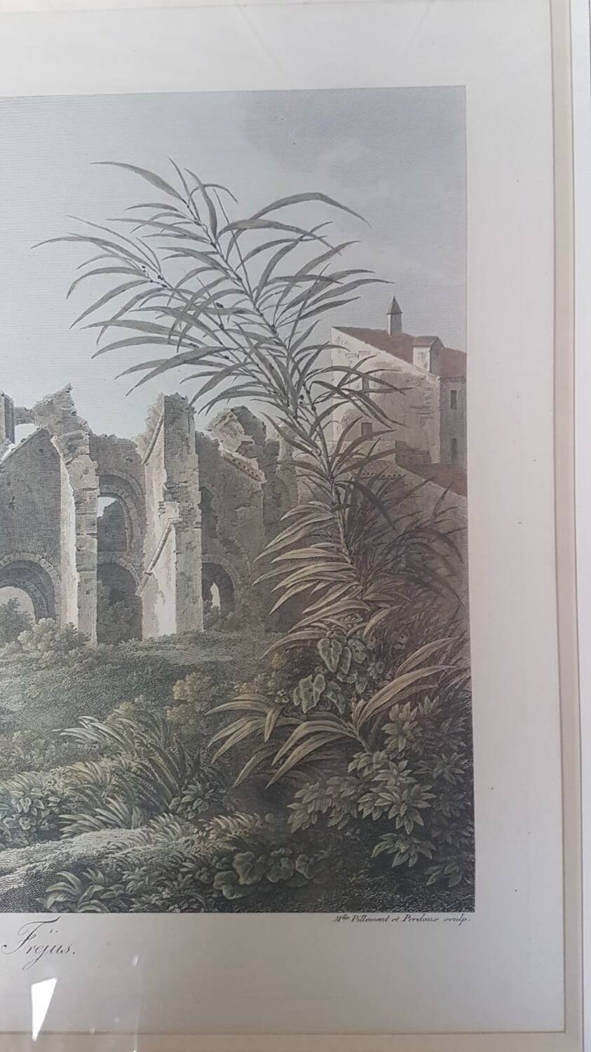 Old Color Lithograph “Roman Aqueduct Fréjus” + Black Wood Frame #A686