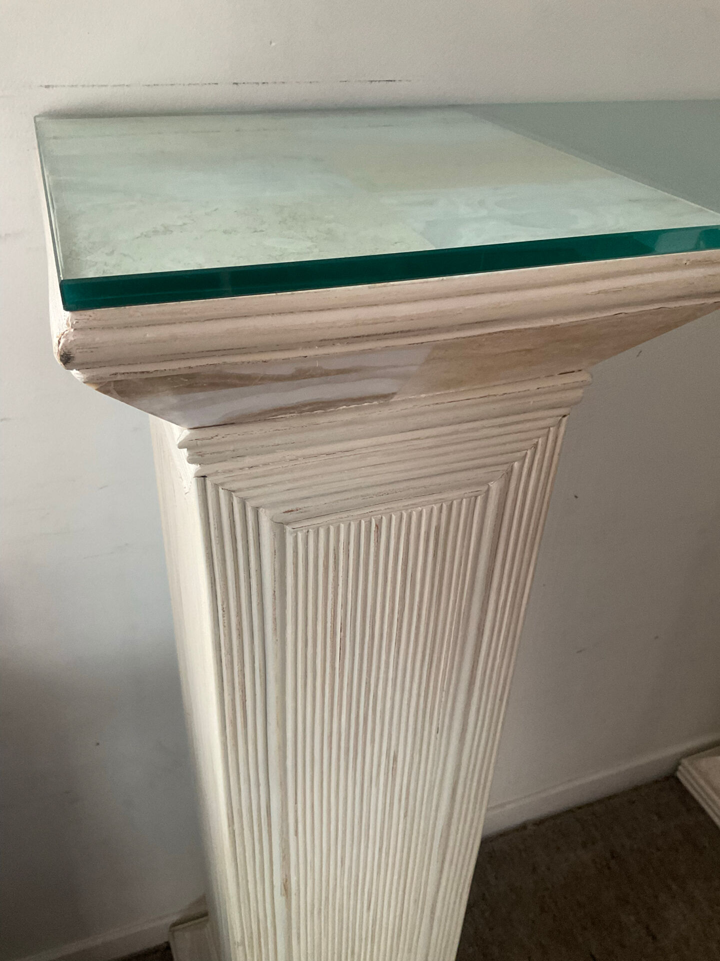 Console vintage en travertin, bois et verre