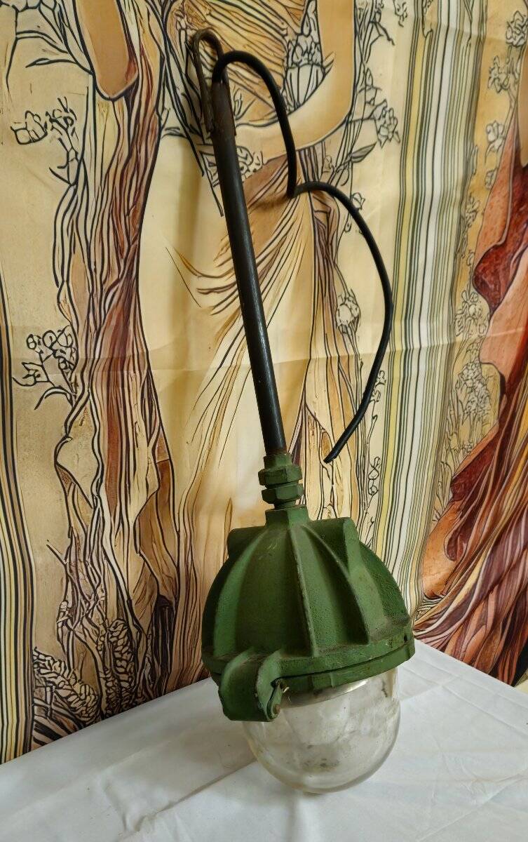 Old industrial cast iron lamp – workshop/factory light – glass