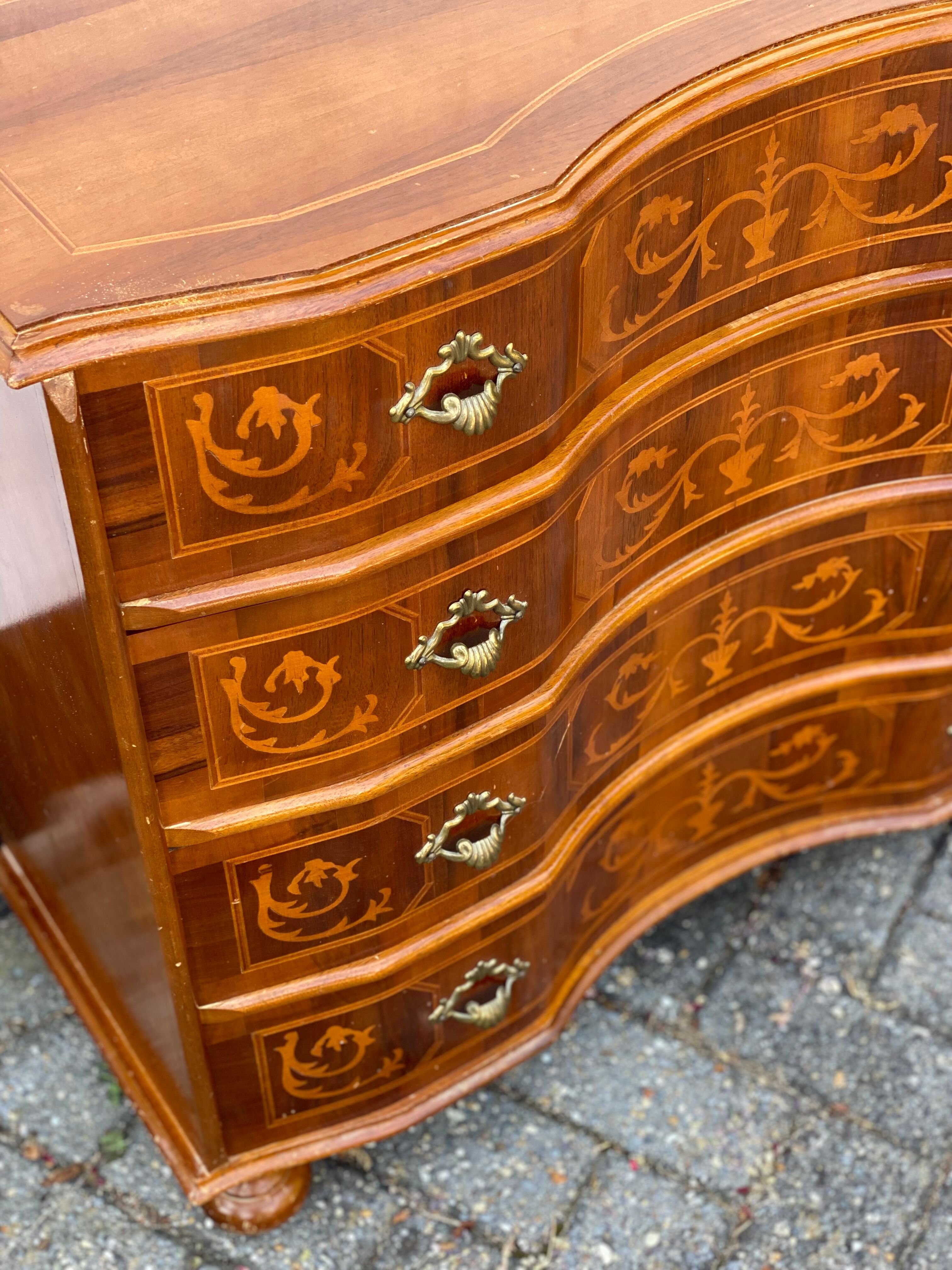 Vintage Inlay Wood Chest of Drawers in the Style of Louis XIV