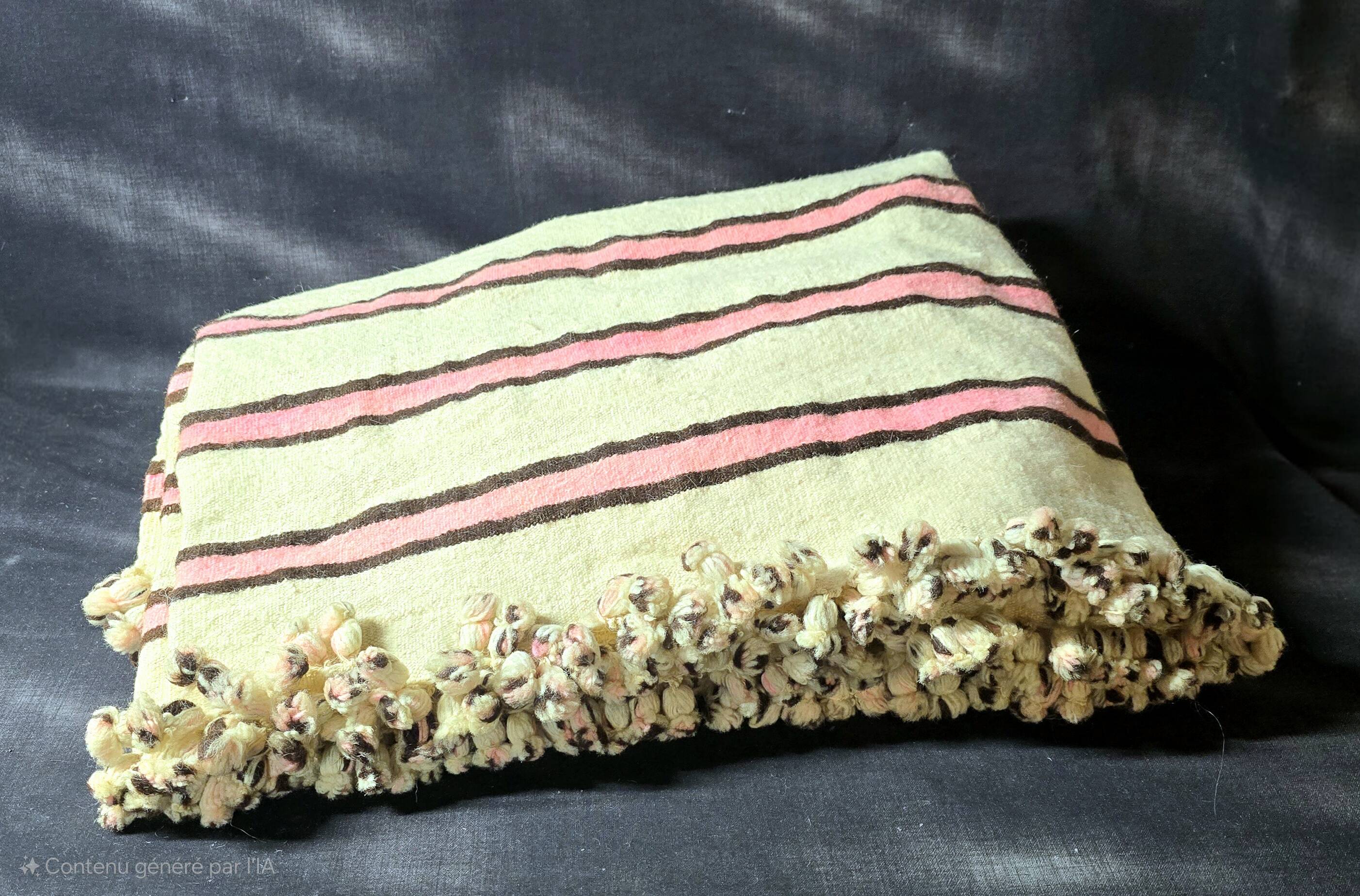 Vintage Berber blanket in neon pink, black and cream striped wool