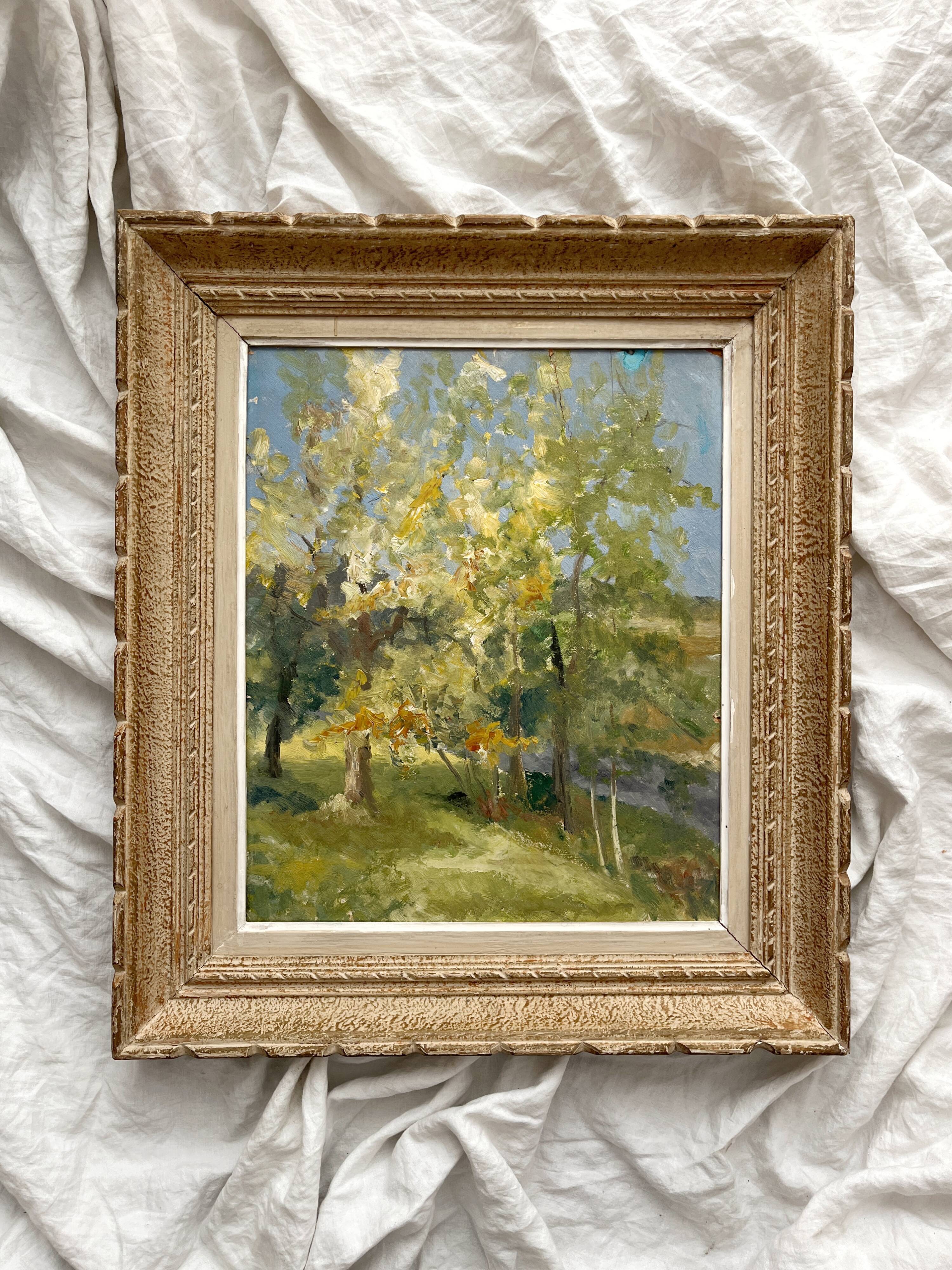 Antique painting, oil on cardboard depicting a landscape