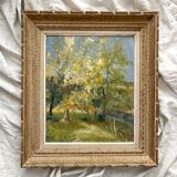 Tableau ancien, peinture à l'huile sur carton évoquant un paysage