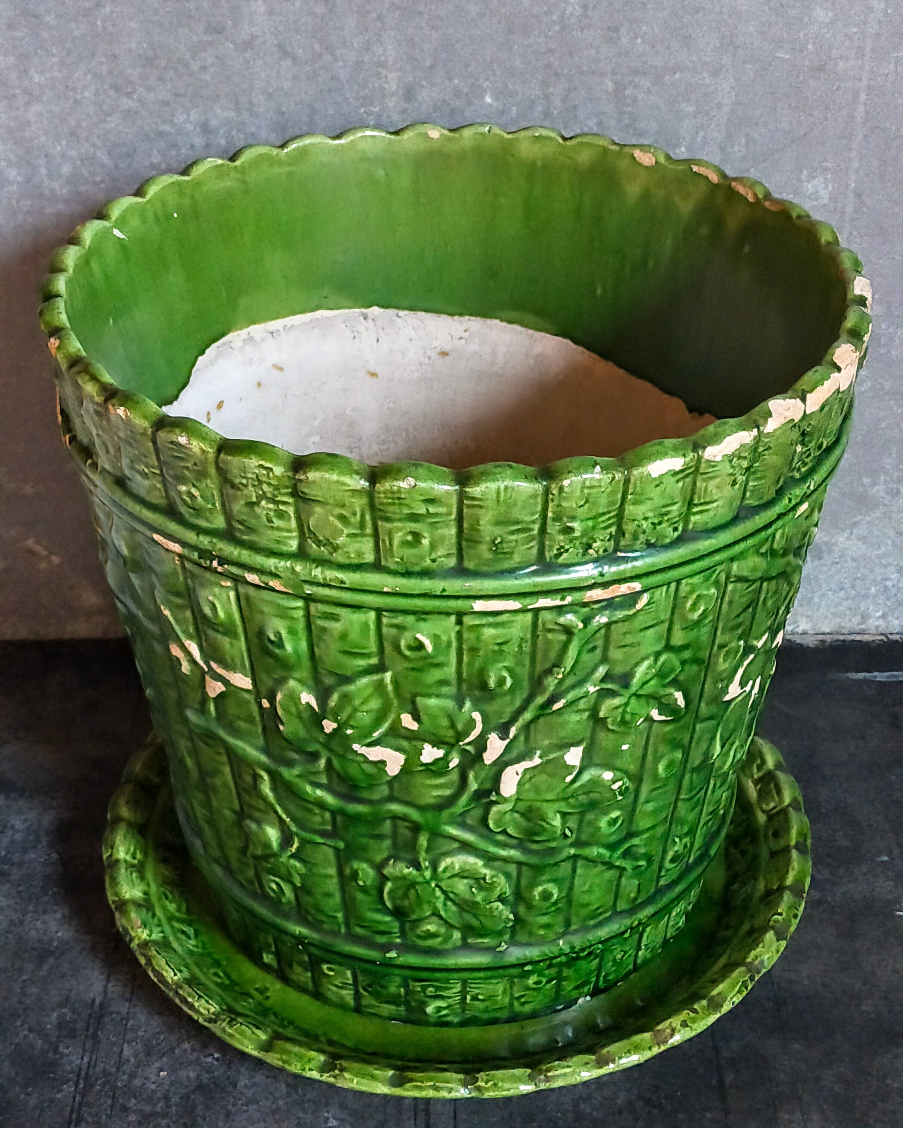 Flower pot and saucer in slip by G. De Bruyn 19th century