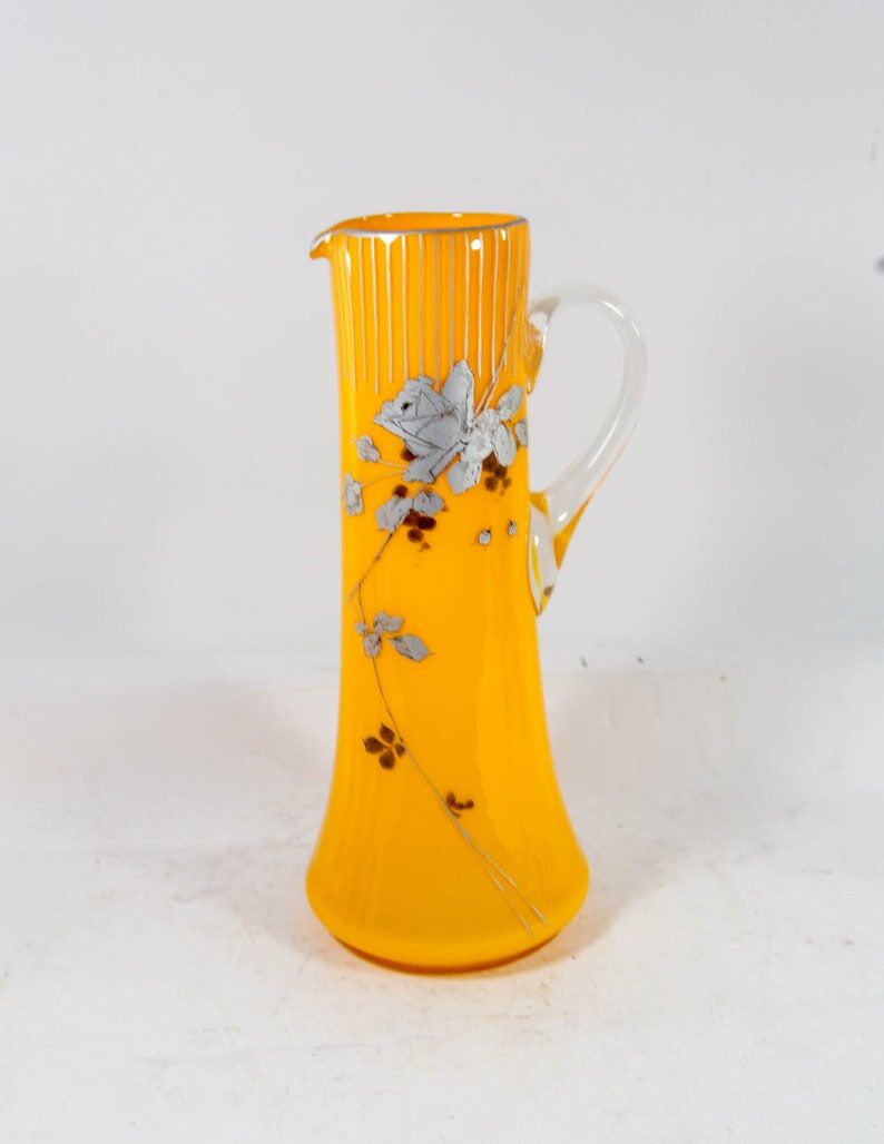 Art Nouveau lemonade service pitcher and 6 hand-painted glasses in bohemian glass early 20th century